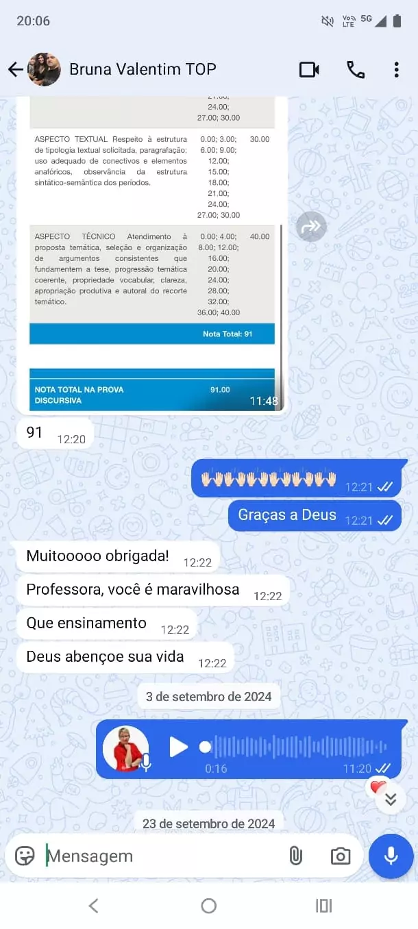 Mensagem de aluna agradecendo após alcançar 91 pontos na prova discursiva