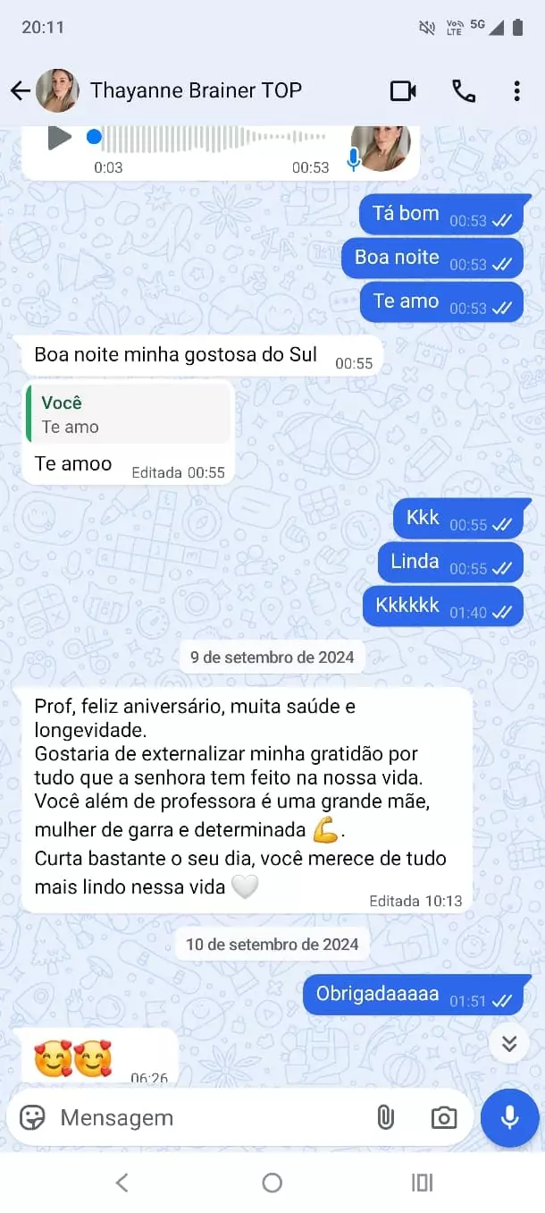 Mensagem de gratidão de uma aluna para sua professora